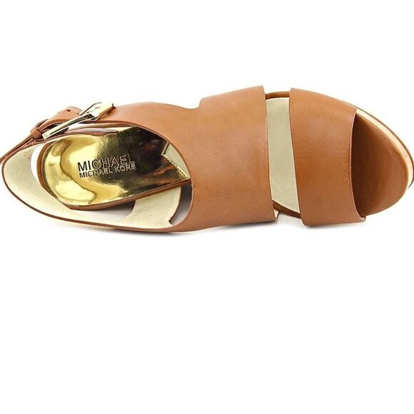 MICHAEL Michael Kors Tan Wooden Platform Wedge Gold Buckle 7.5 - Picture 3 of 11